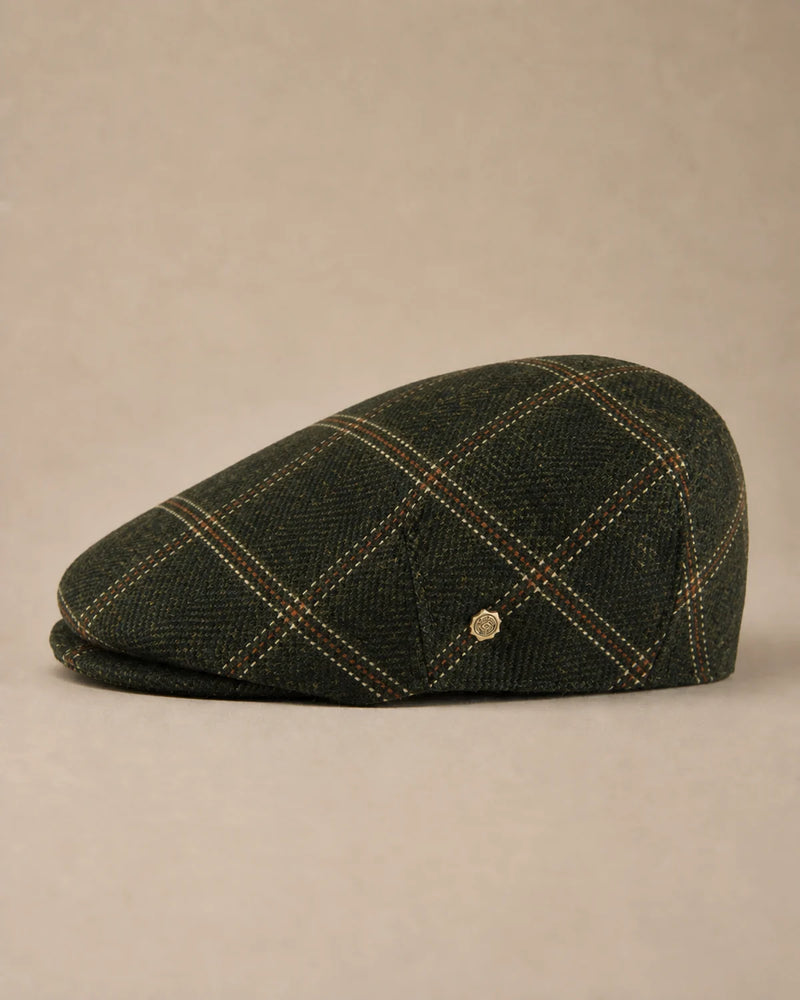 Vista lateral da Boina Masculina Inglesa Lã Tweed Dublin Plaid Green