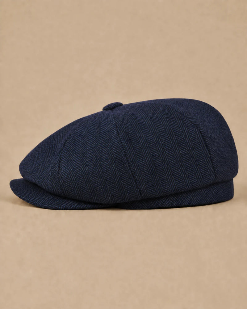 Vista lateral da Boina Galway Navy em lã tweed
