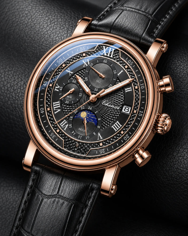 Detalhe do mostrador preto e botões do Relógio Aurelius Rose Black