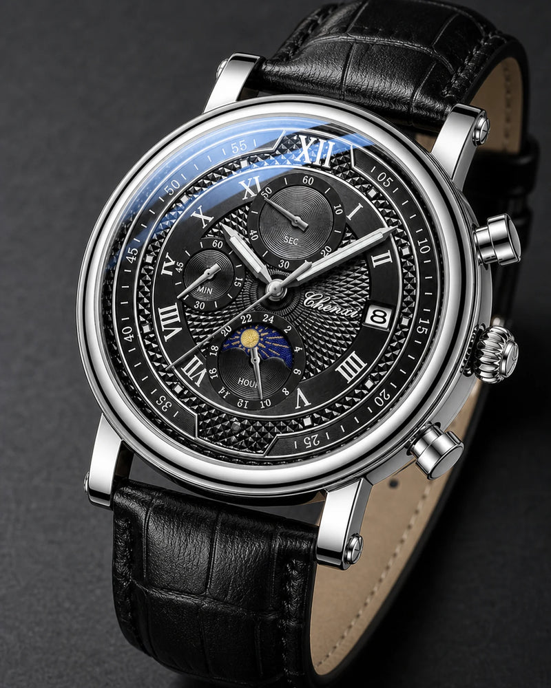 Detalhe do mostrador preto e botões do Relógio Aurelius Silver Black