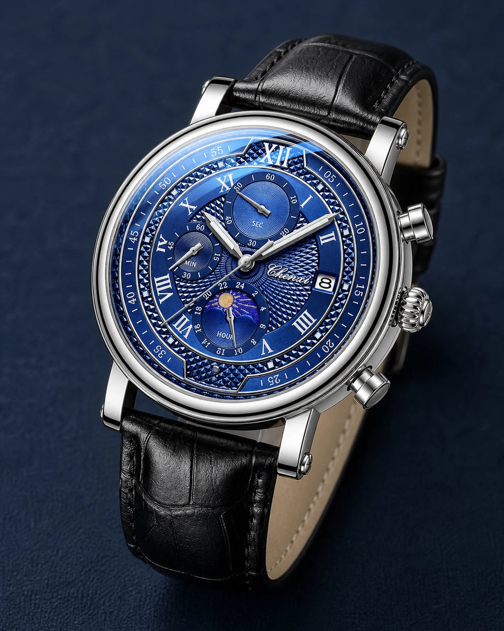 Detalhe do mostrador azul e botões do Relógio Aurelius Silver Blue
