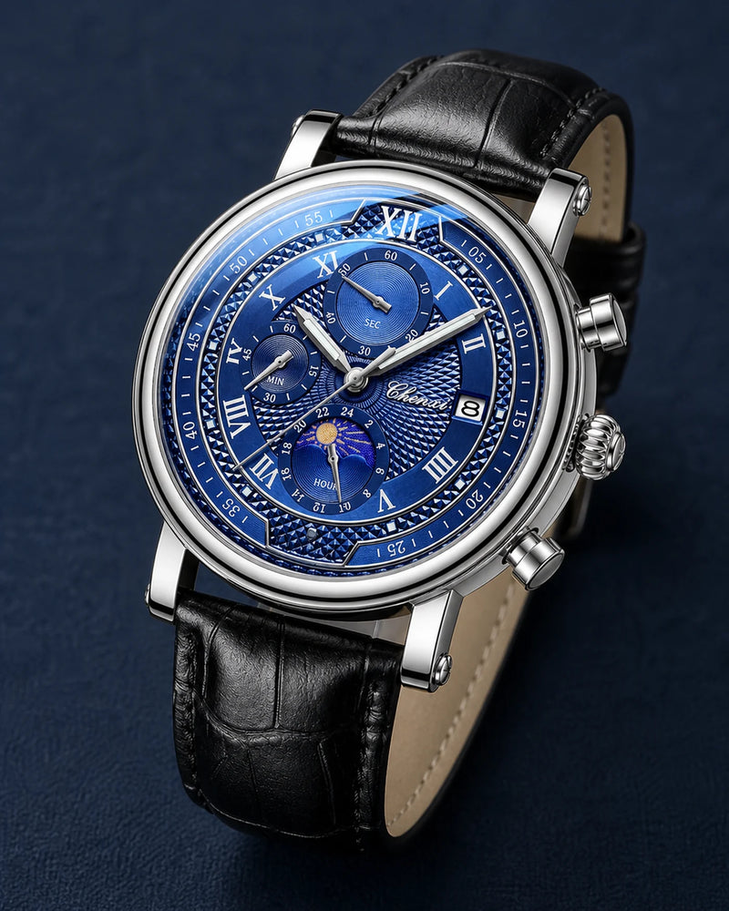 Detalhe do mostrador azul e botões do Relógio Aurelius Silver Blue