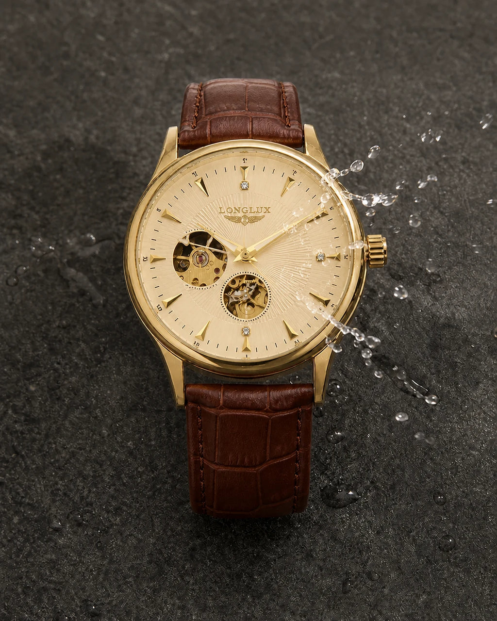 Relógio Masculino Automático Pulseira de Couro Vittorio Champagne Gold resistente a respingos leves