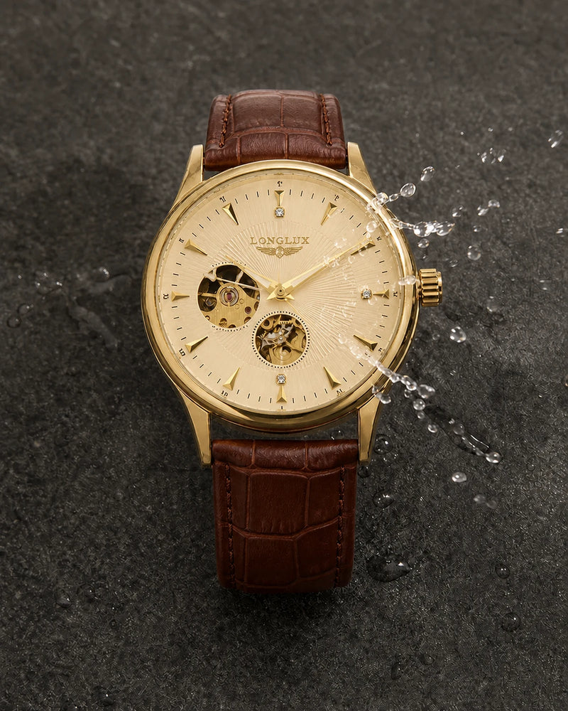 Relógio Masculino Automático Pulseira de Couro Vittorio Champagne Gold resistente a respingos leves