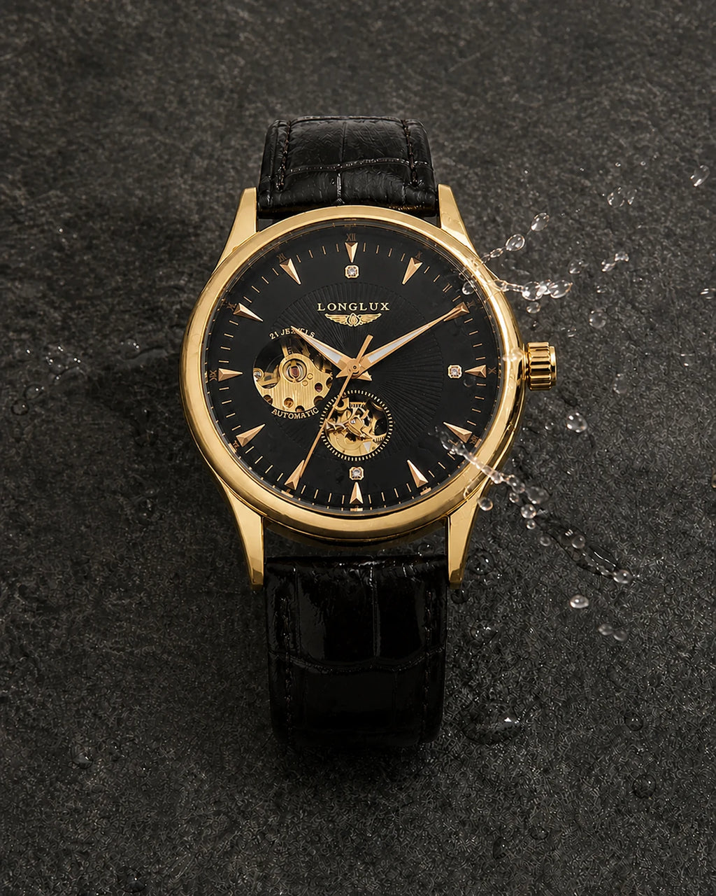 Relógio Masculino Automático Pulseira de Couro Vittorio Gold Black resistente a respingos leves