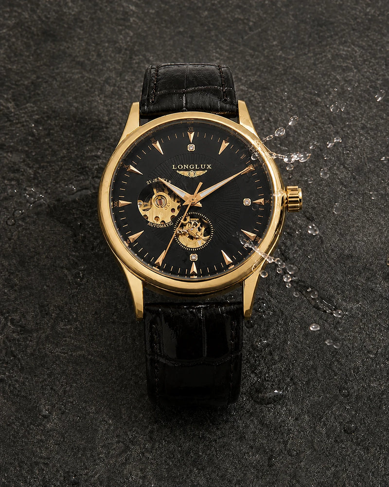 Relógio Masculino Automático Pulseira de Couro Vittorio Gold Black resistente a respingos leves