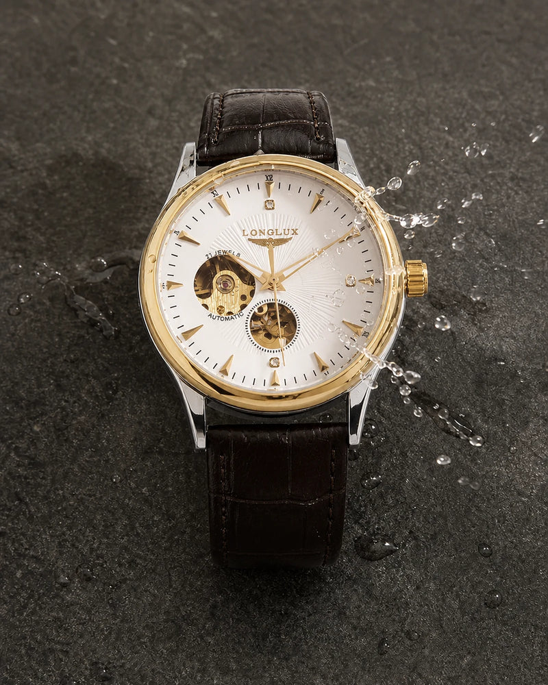 Relógio Masculino Automático Pulseira de Couro Vittorio Gold Silver White resistente a respingos leves