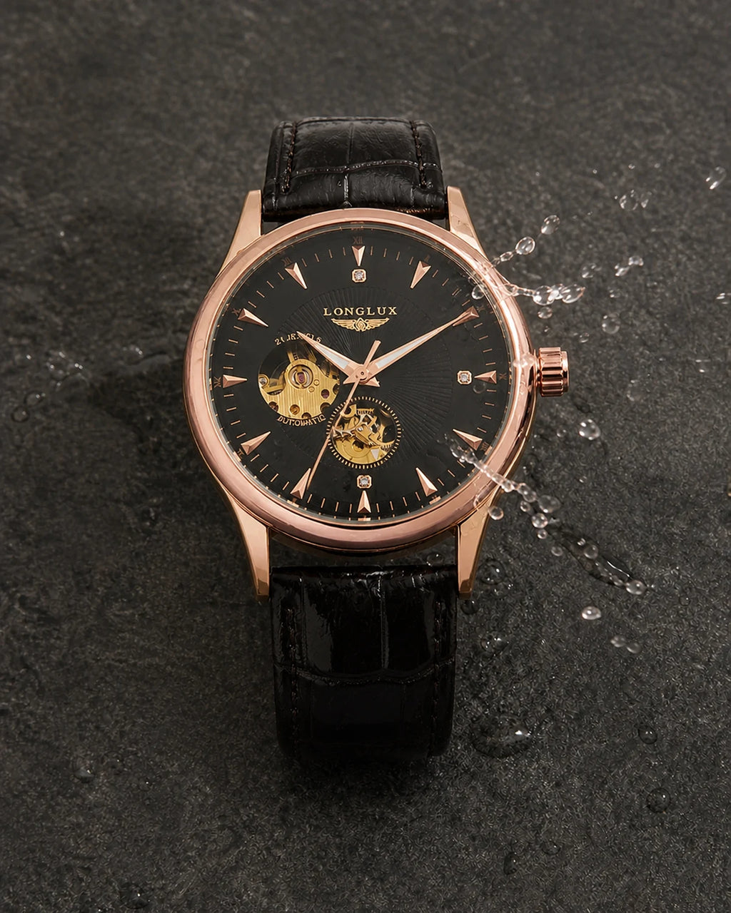 Relógio Masculino Automático Pulseira de Couro Vittorio Rose Gold Black resistente a respingos leves