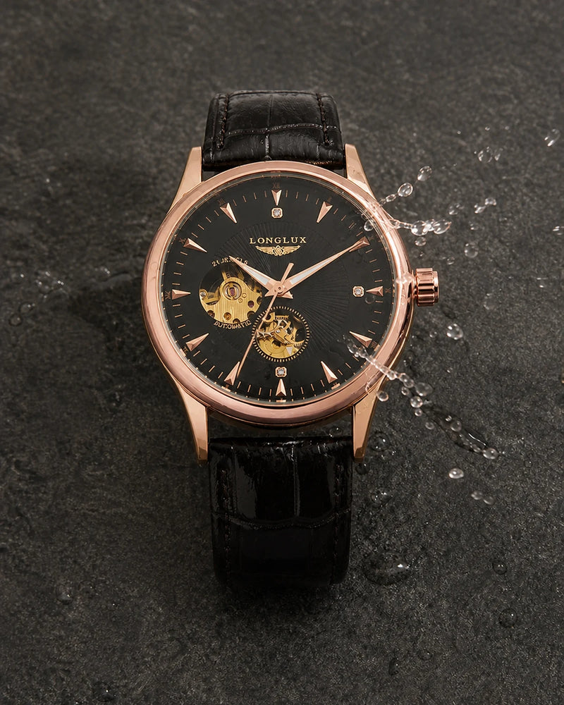 Relógio Masculino Automático Pulseira de Couro Vittorio Rose Gold Black resistente a respingos leves