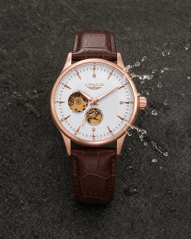 Relógio Masculino Automático Pulseira de Couro Vittorio Rose Gold White resistente a respingos leves