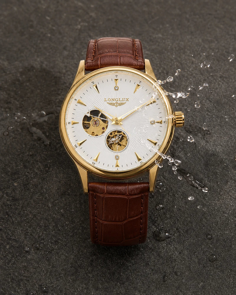Relógio Masculino Automático Pulseira de Couro Vittorio White Gold resistente a respingos leves