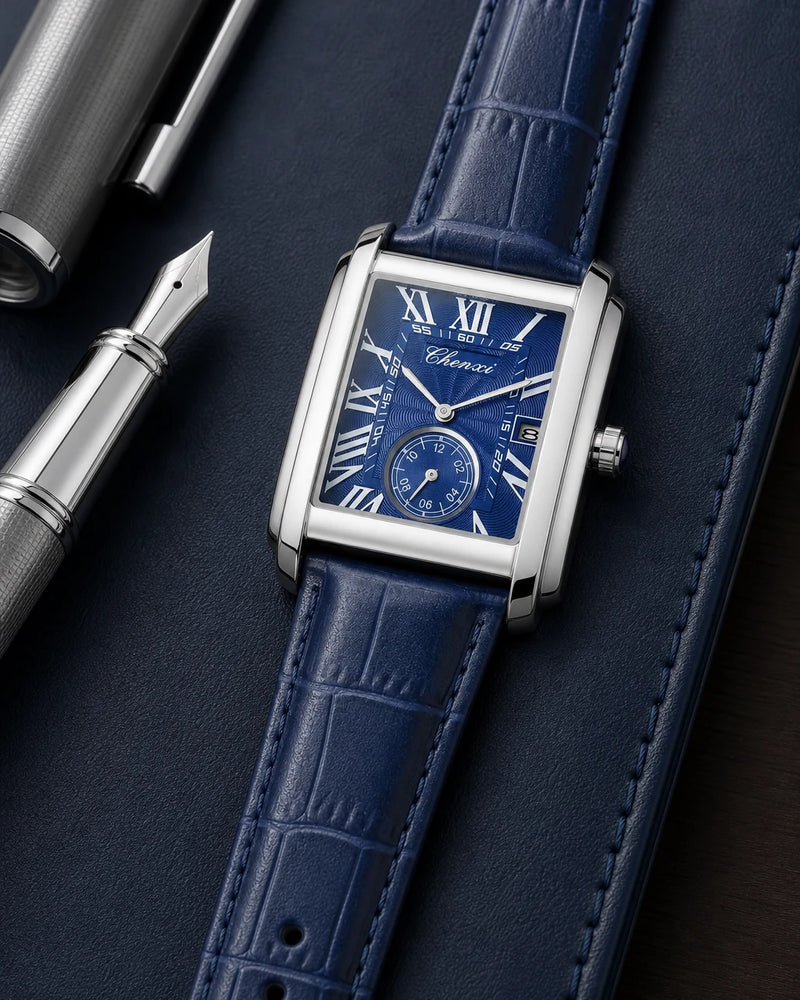 Detalhe do Relógio Masculino Quartz Windsor Blue com ponteiros prateados em mesa de escritório