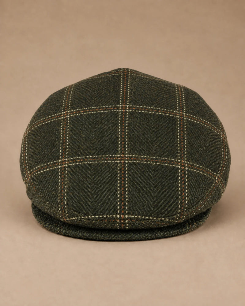 Vista frontal da Boina Masculina Inglesa Lã Tweed Dublin Plaid Green