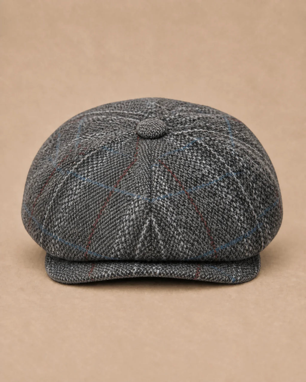 Vista frontal da Boina Galway Plaid Grey de 8 gomos