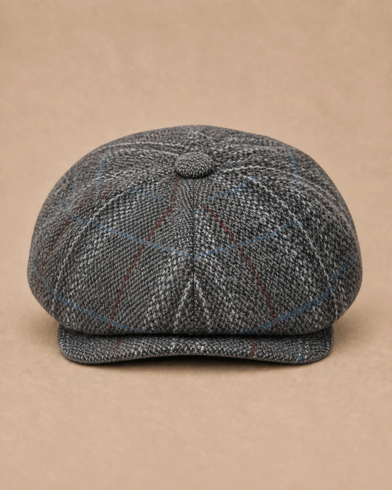 Vista frontal da Boina Galway Plaid Grey de 8 gomos