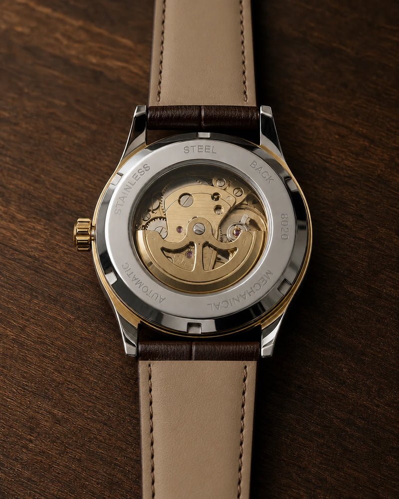 Verso do Relógio Masculino Automático Vittorio Black Gold com mecanismo aparente e forro interno da pulseira