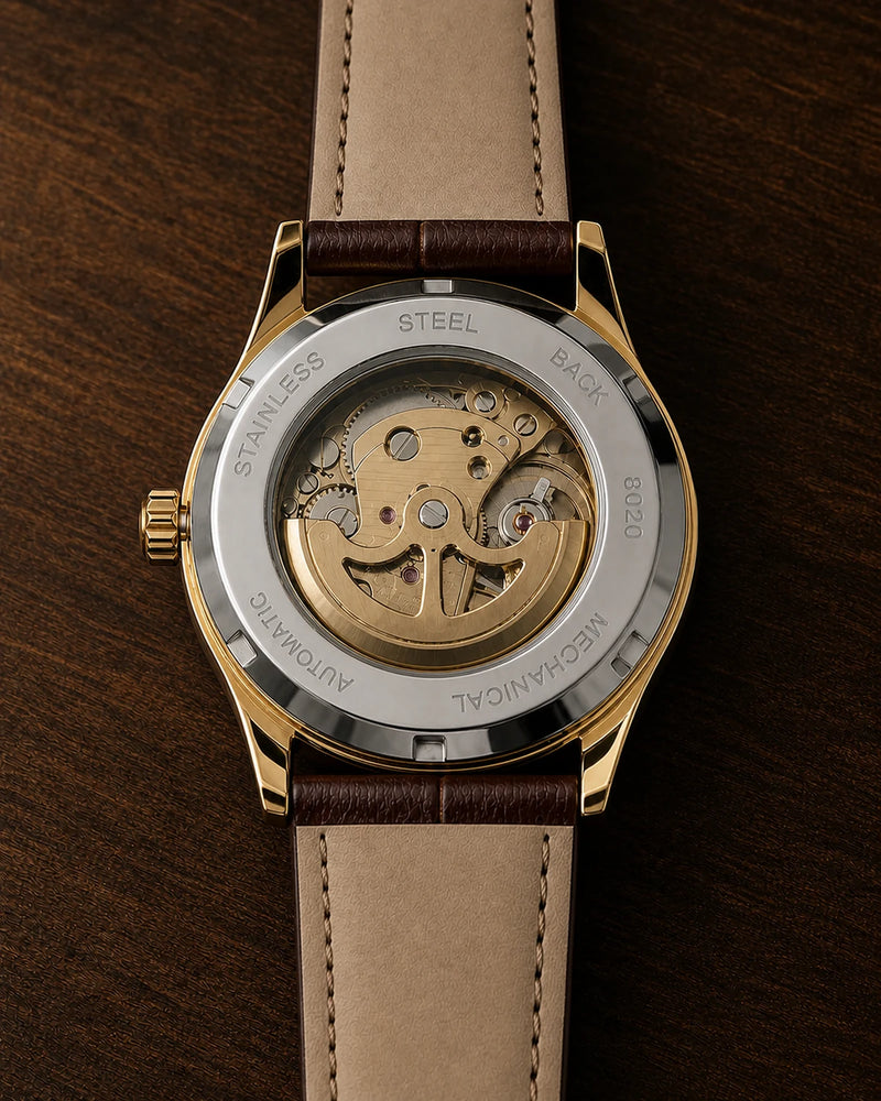 Verso transparente do Relógio Masculino Automático Vittorio Champagne Gold com mecanismo automático aparente