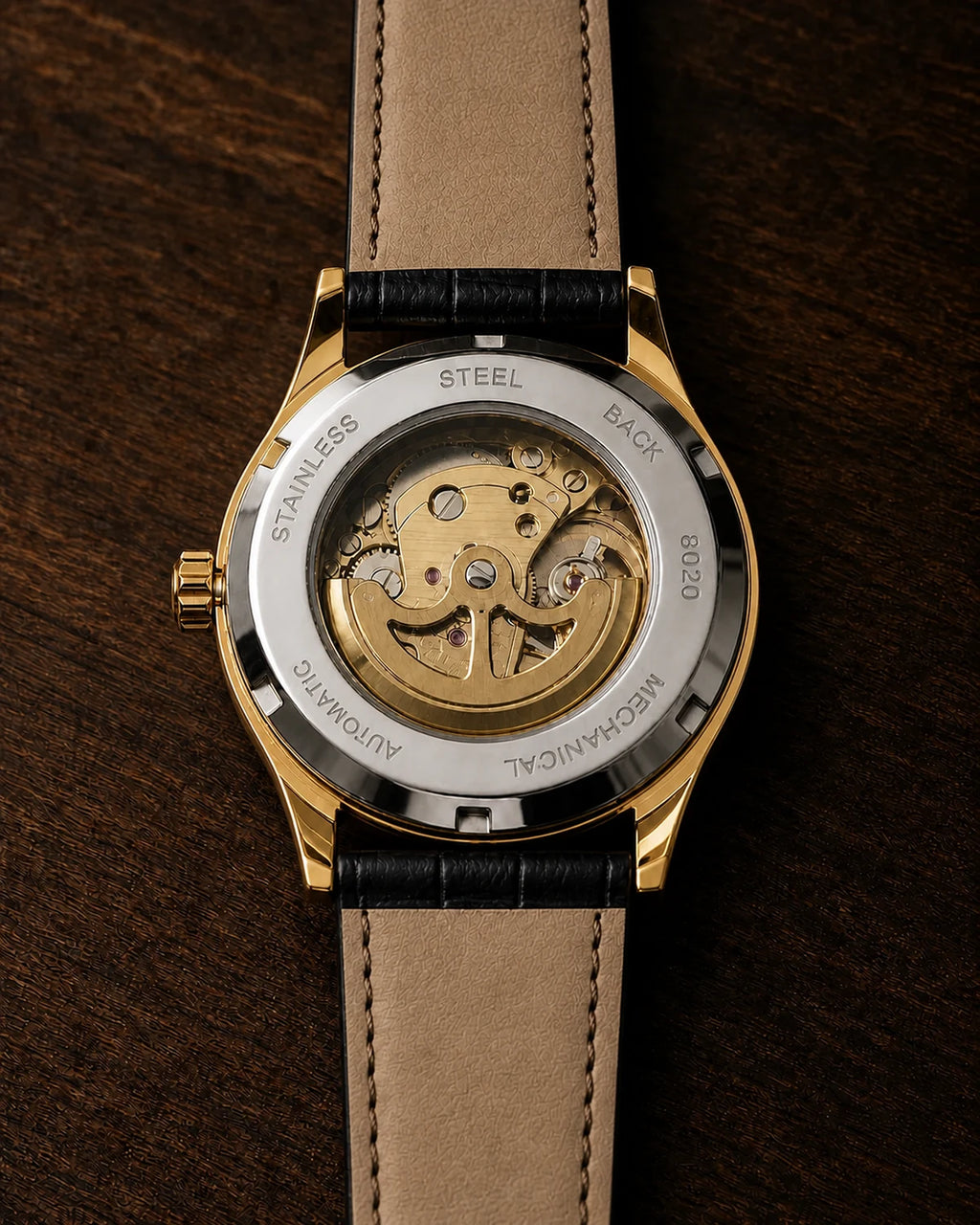 Verso transparente do Relógio Masculino Automático Vittorio Gold Black com mecanismo automático aparente