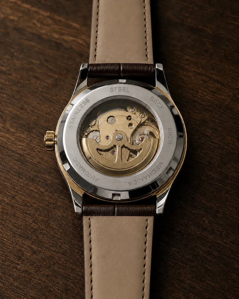 Verso transparente do Relógio Masculino Automático Vittorio Gold Silver White com mecanismo automático aparente