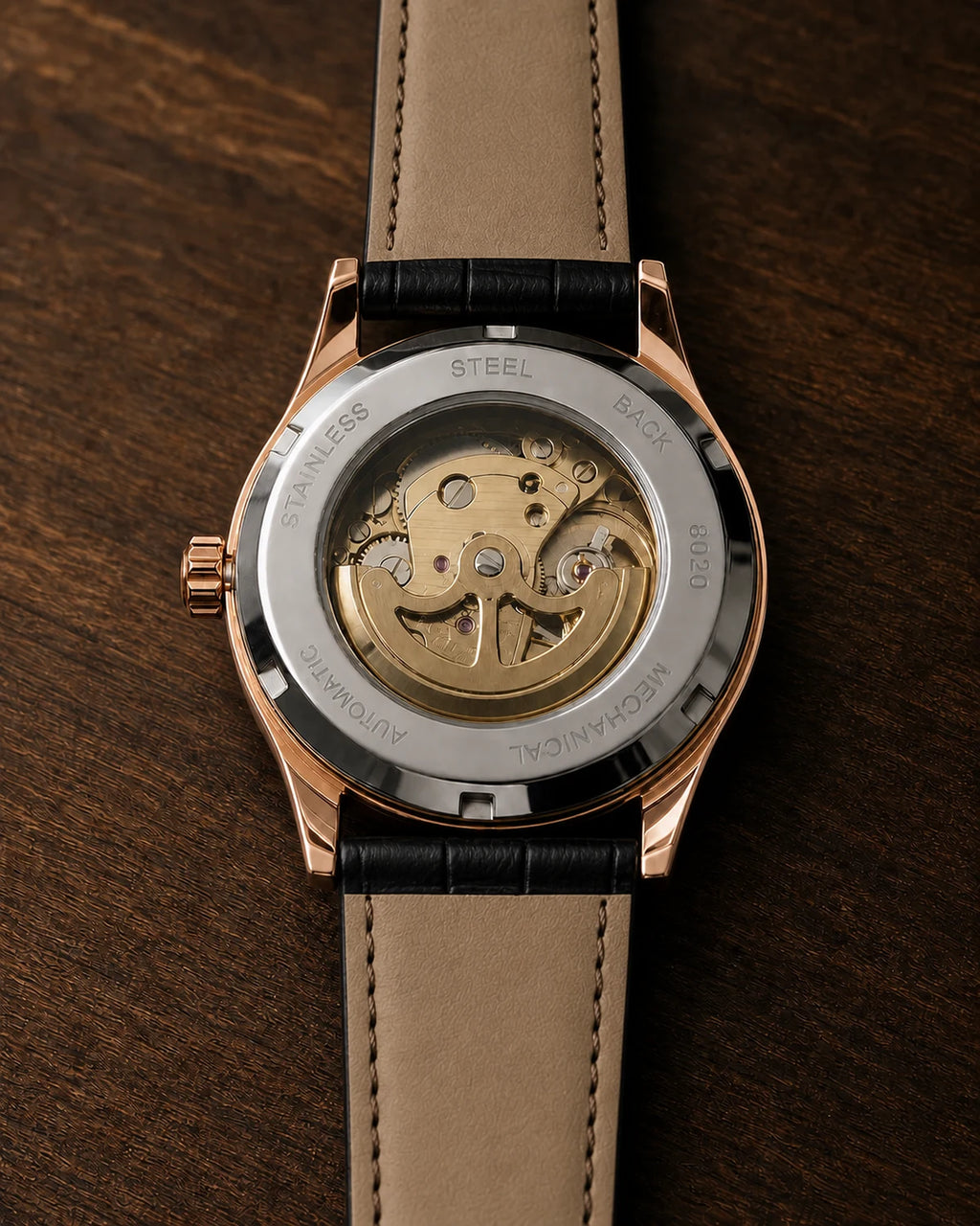 Verso transparente do Relógio Masculino Automático Vittorio Rose Gold Black com mecanismo automático aparente