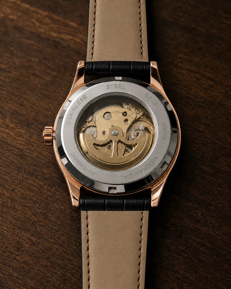 Verso transparente do Relógio Masculino Automático Vittorio Rose Gold Black com mecanismo automático aparente