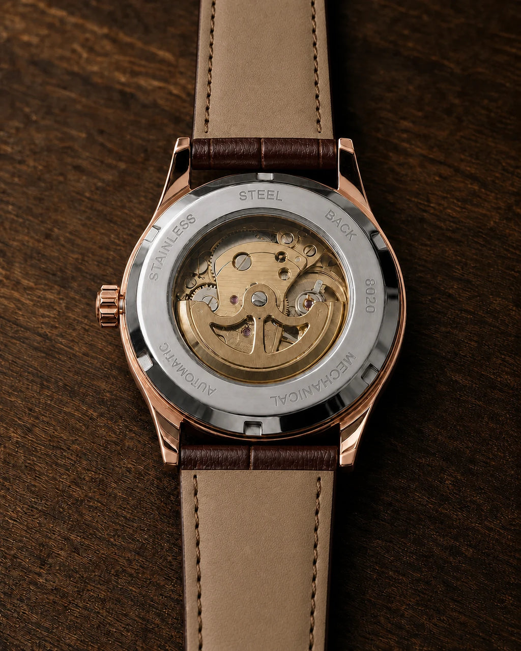 Verso transparente do Relógio Masculino Automático Vittorio Rose Gold White com mecanismo automático aparente