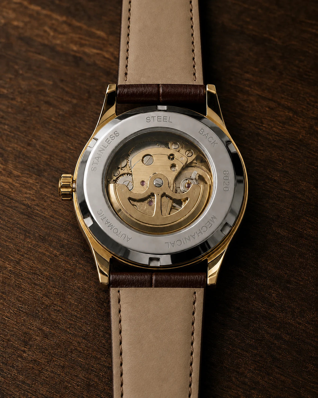 Verso transparente do Relógio Masculino Automático Vittorio White Gold com mecanismo automático aparente