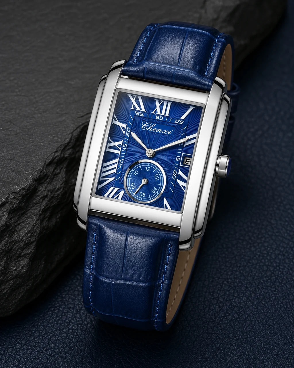 Detalhe do mostrador azul e pulseira do Relógio Masculino Quartz Windsor Blue