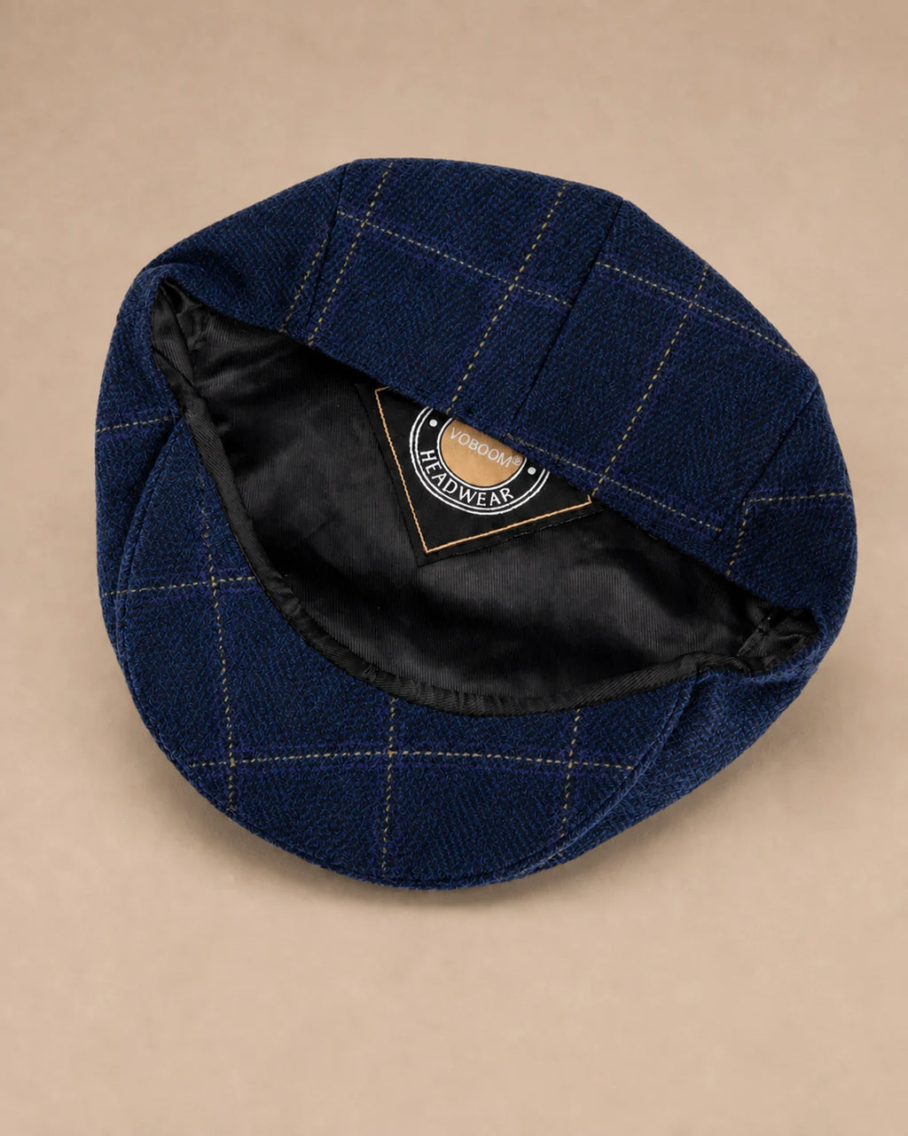 Parte interna da Boina Masculina Inglesa Lã Tweed Dublin Plaid Blue com forro