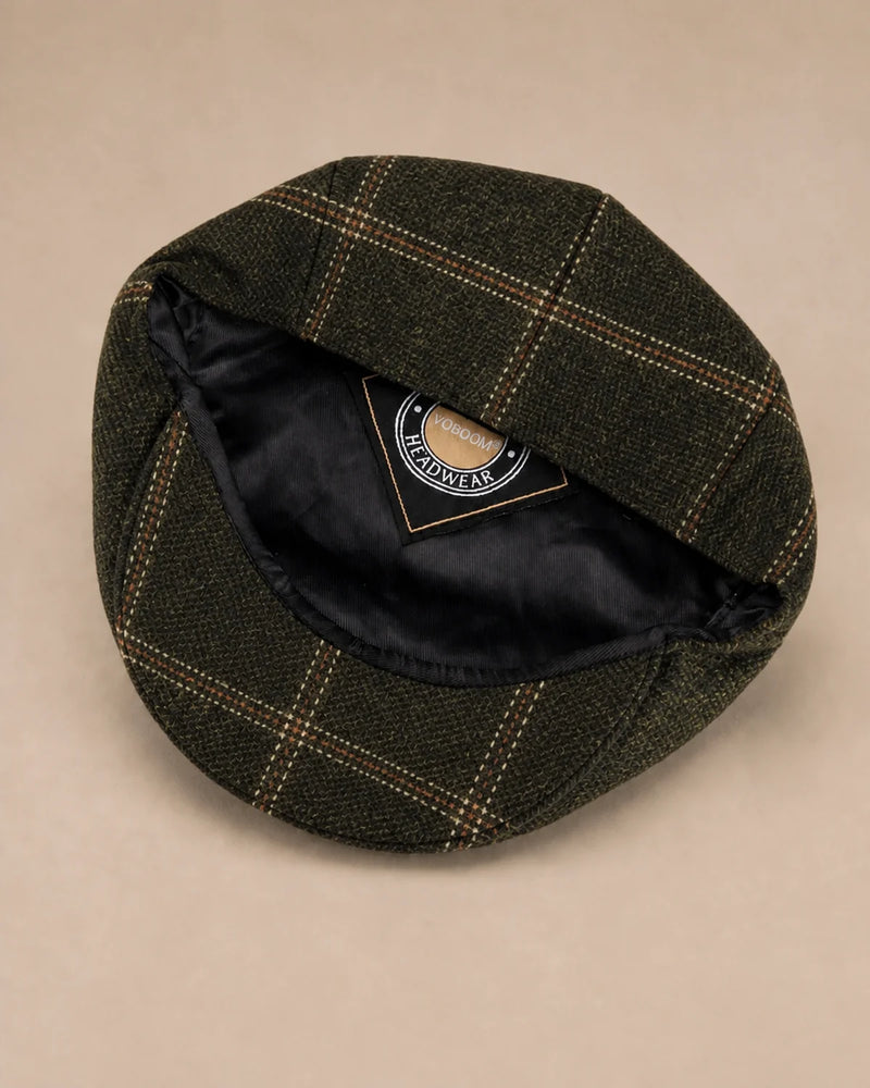 Parte interna da Boina Masculina Inglesa Lã Tweed Dublin Plaid Green com forro