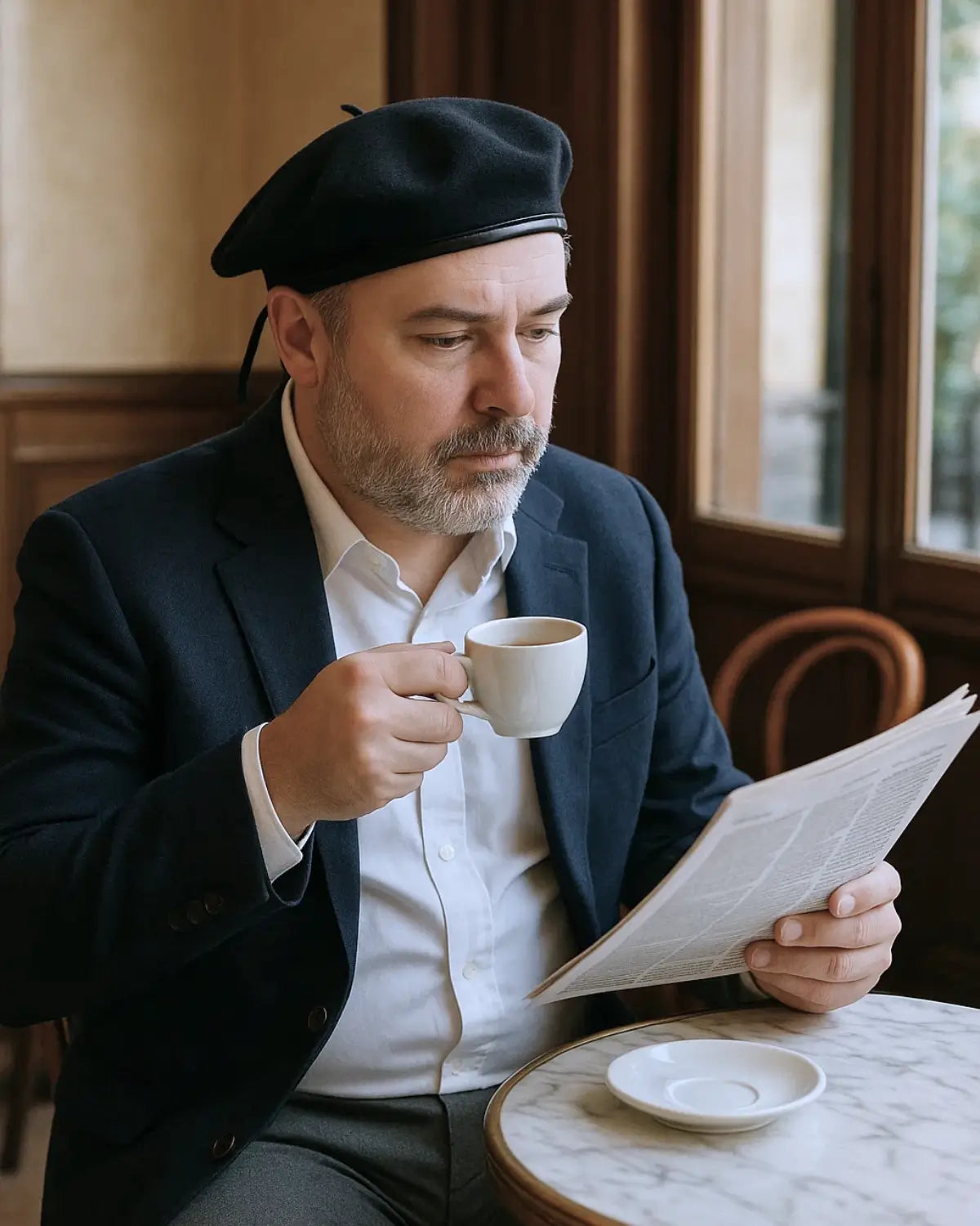 Homem maduro usando Boina Masculina Francesa de Lã Preta Ajustável em cafeteria elegante lendo jornal, estilo europeu clássico.