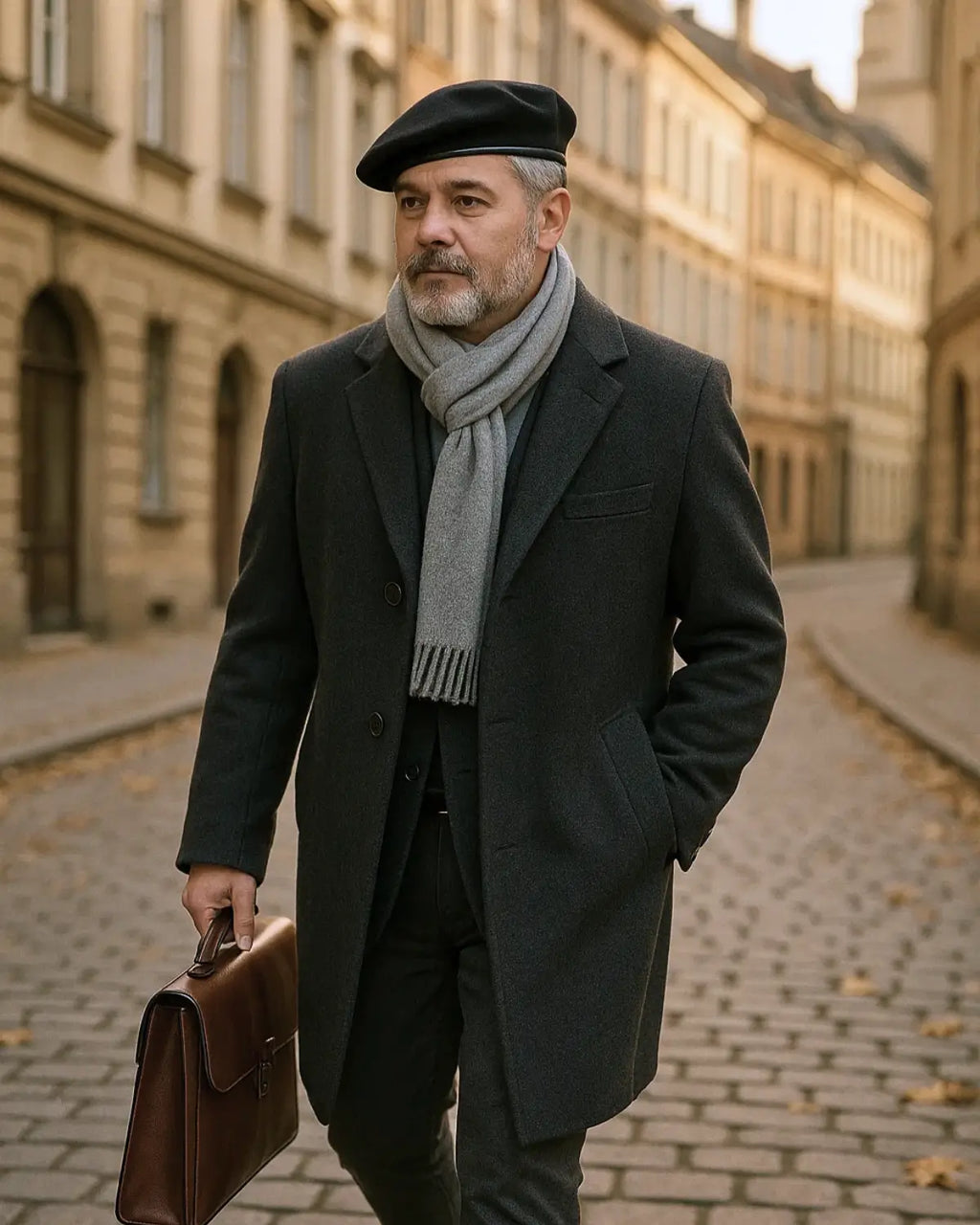 Homem de meia-idade caminhando em rua de paralelepípedos usando Boina Masculina Francesa de Lã Preta Ajustável com sobretudo e cachecol.