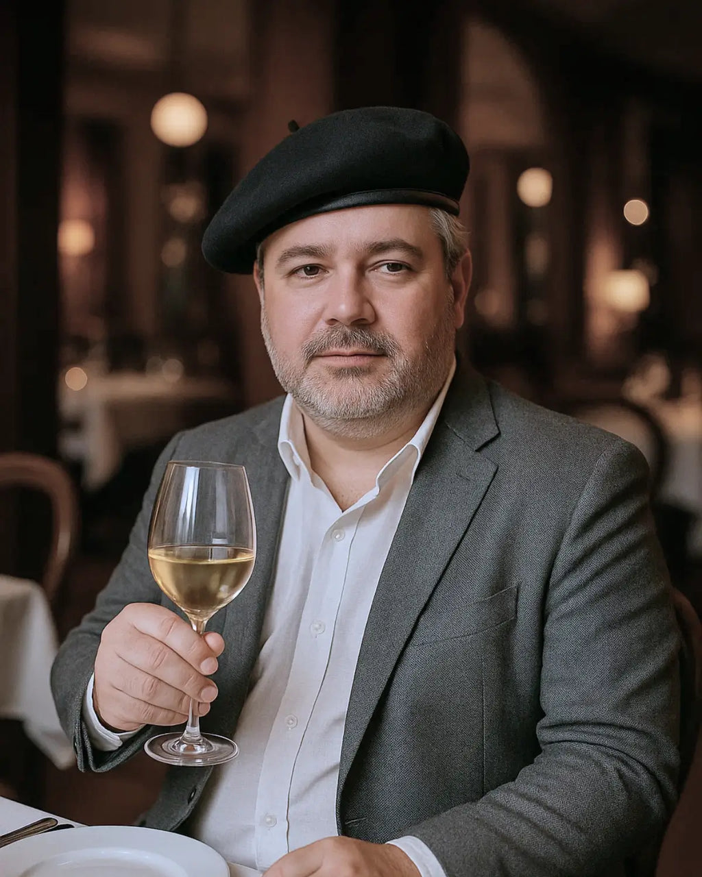 Homem sofisticado usando Boina Masculina Francesa de Lã Preta Ajustável brindando com vinho em restaurante elegante.