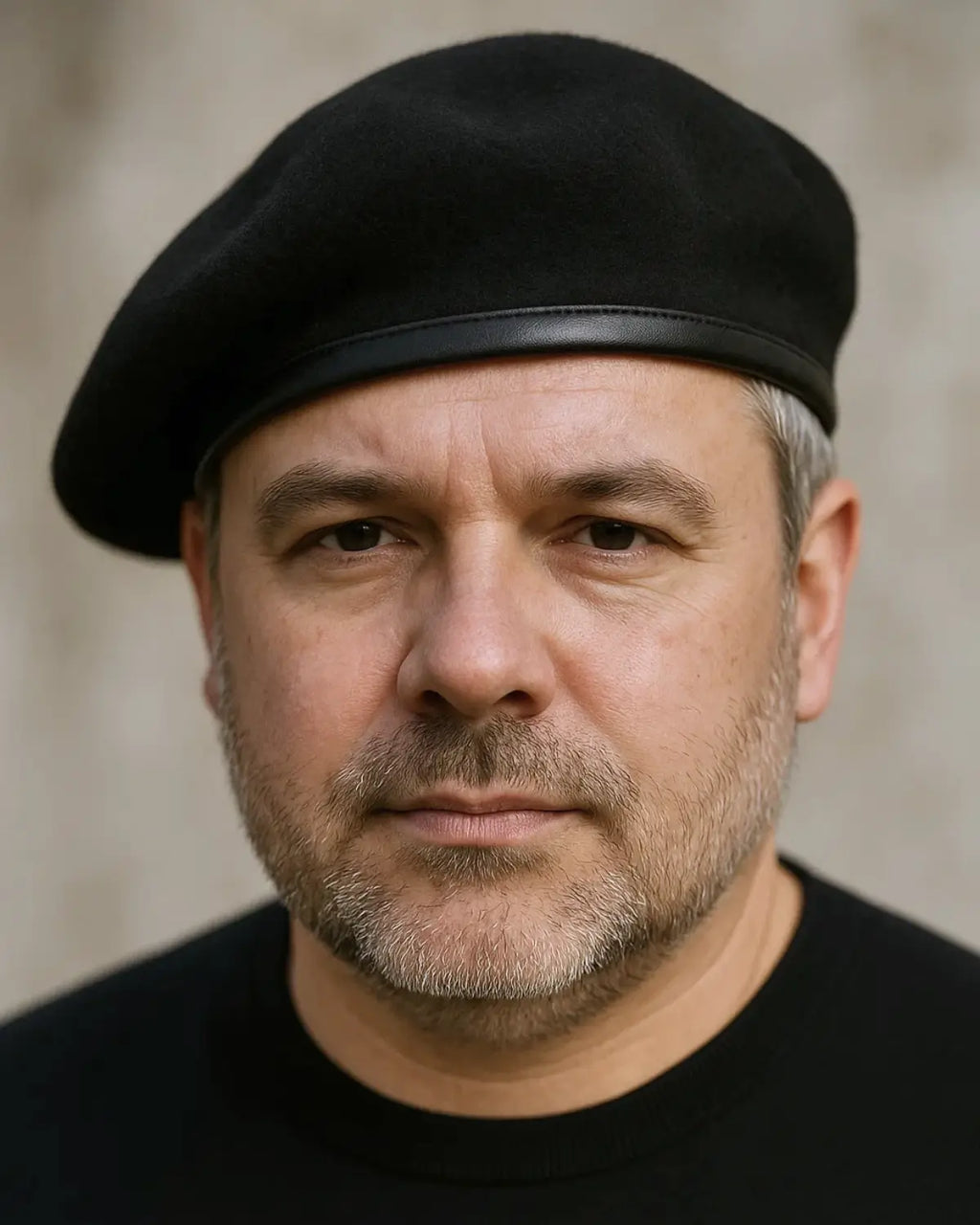 Close frontal de homem maduro usando Boina Masculina Francesa de Lã Preta Ajustável, expressão confiante.