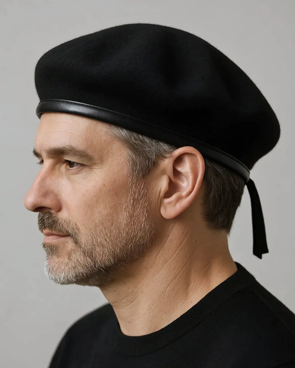 Close lateral de homem maduro usando Boina Masculina Francesa de Lã Preta Ajustável, detalhes da aba em couro.