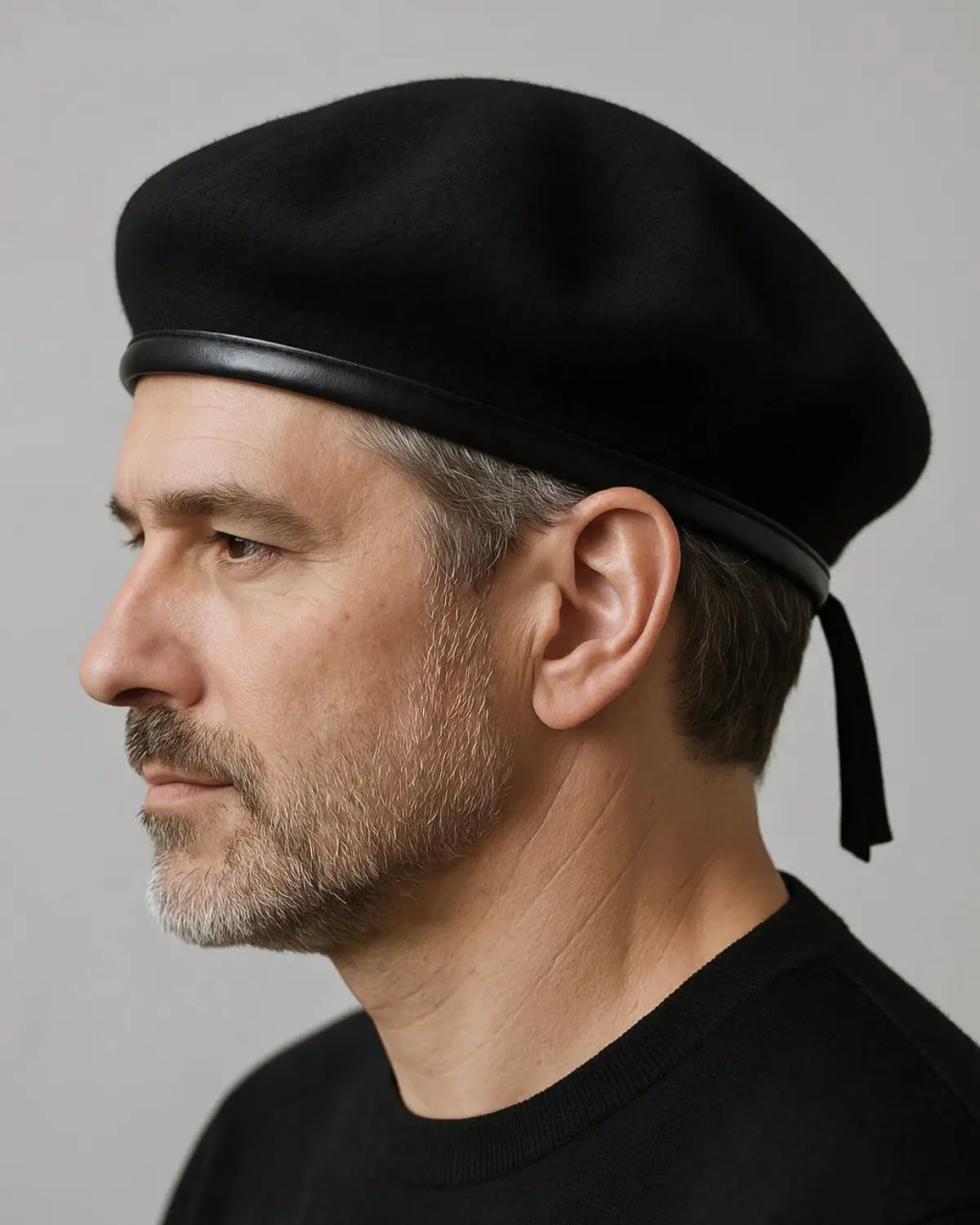 Close lateral de homem maduro usando Boina Masculina Francesa de Lã Preta Ajustável, detalhes da aba em couro.