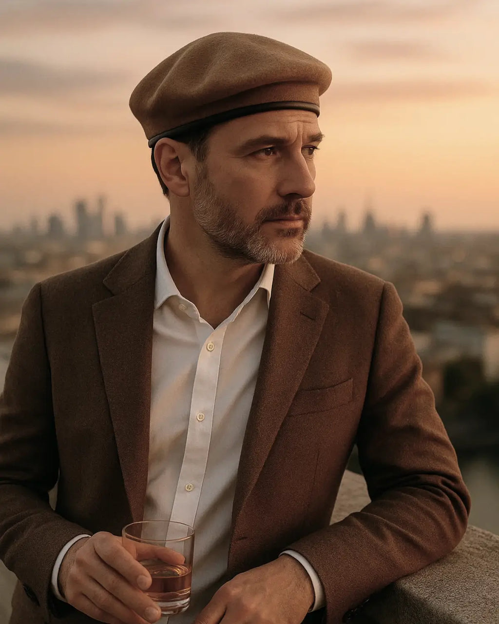 Homem elegante usando Boina Masculina Francesa Lã Ajustável Brown em momento contemplativo ao pôr do sol, combinando com blazer marrom.