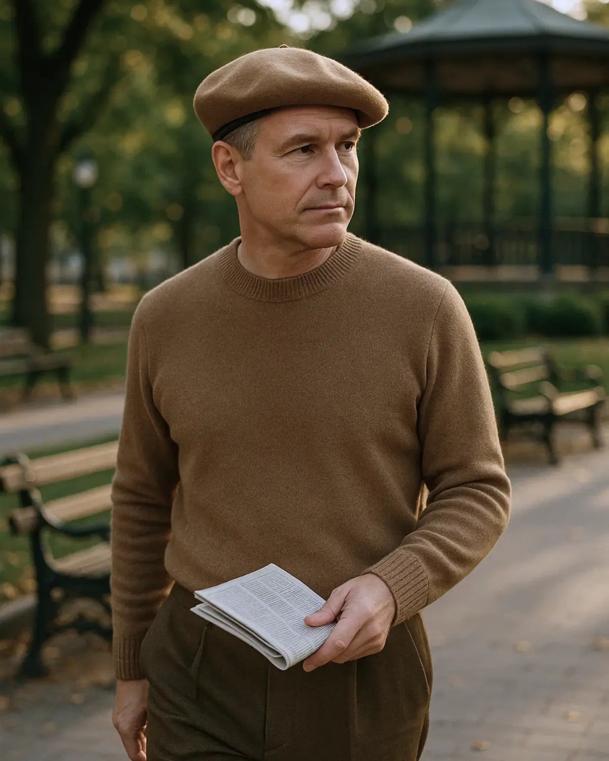 Homem maduro caminhando em parque usando Boina Masculina Francesa Lã Ajustável Brown com suéter de lã marrom, estilo clássico.