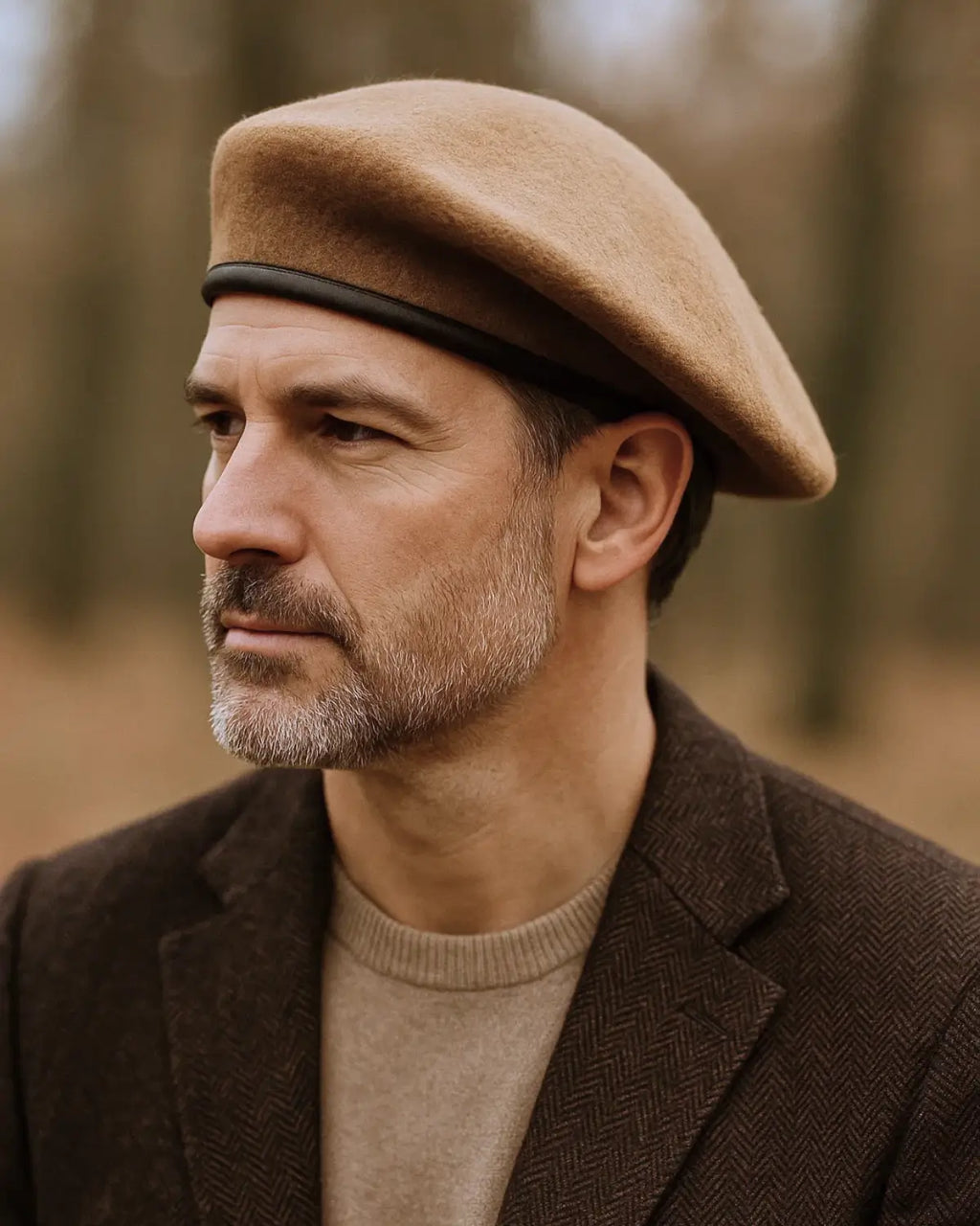 Close lateral do homem usando Boina Masculina Francesa Lã Ajustável Brown, evidenciando o ajuste confortável e o design premium.
