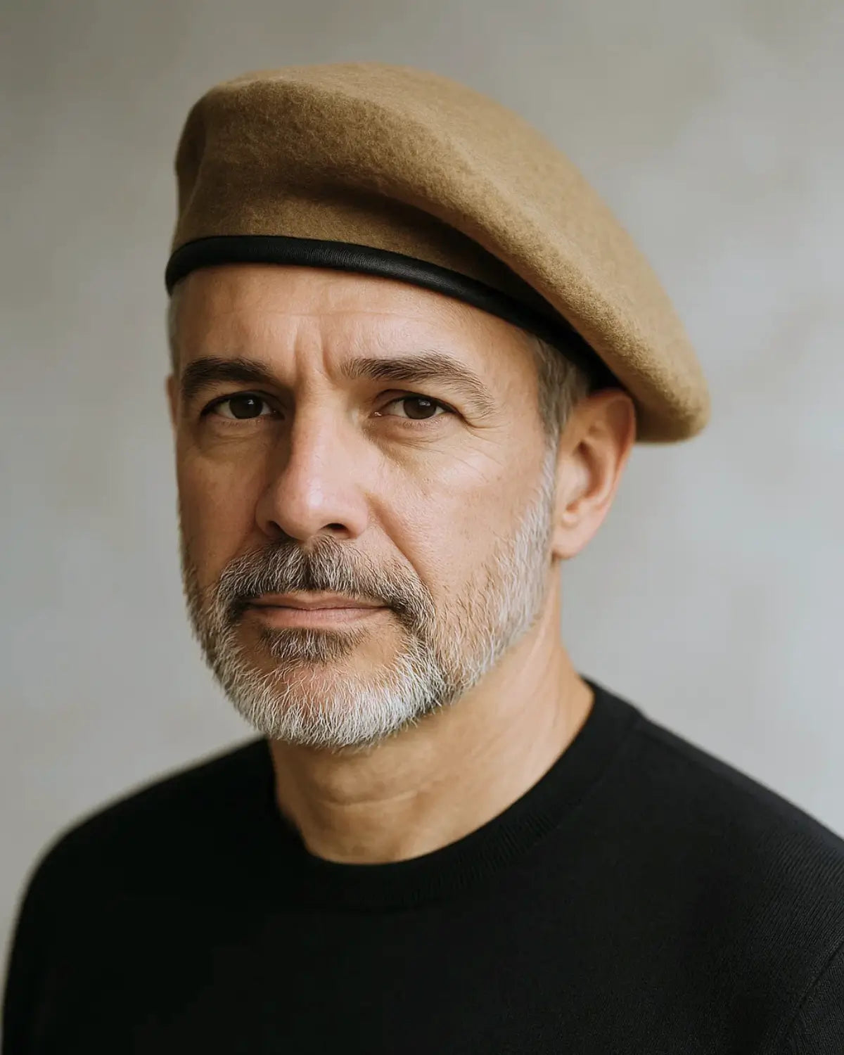 Retrato frontal de homem maduro usando Boina Masculina Francesa Lã Ajustável Brown com suéter preto, expressão confiante.