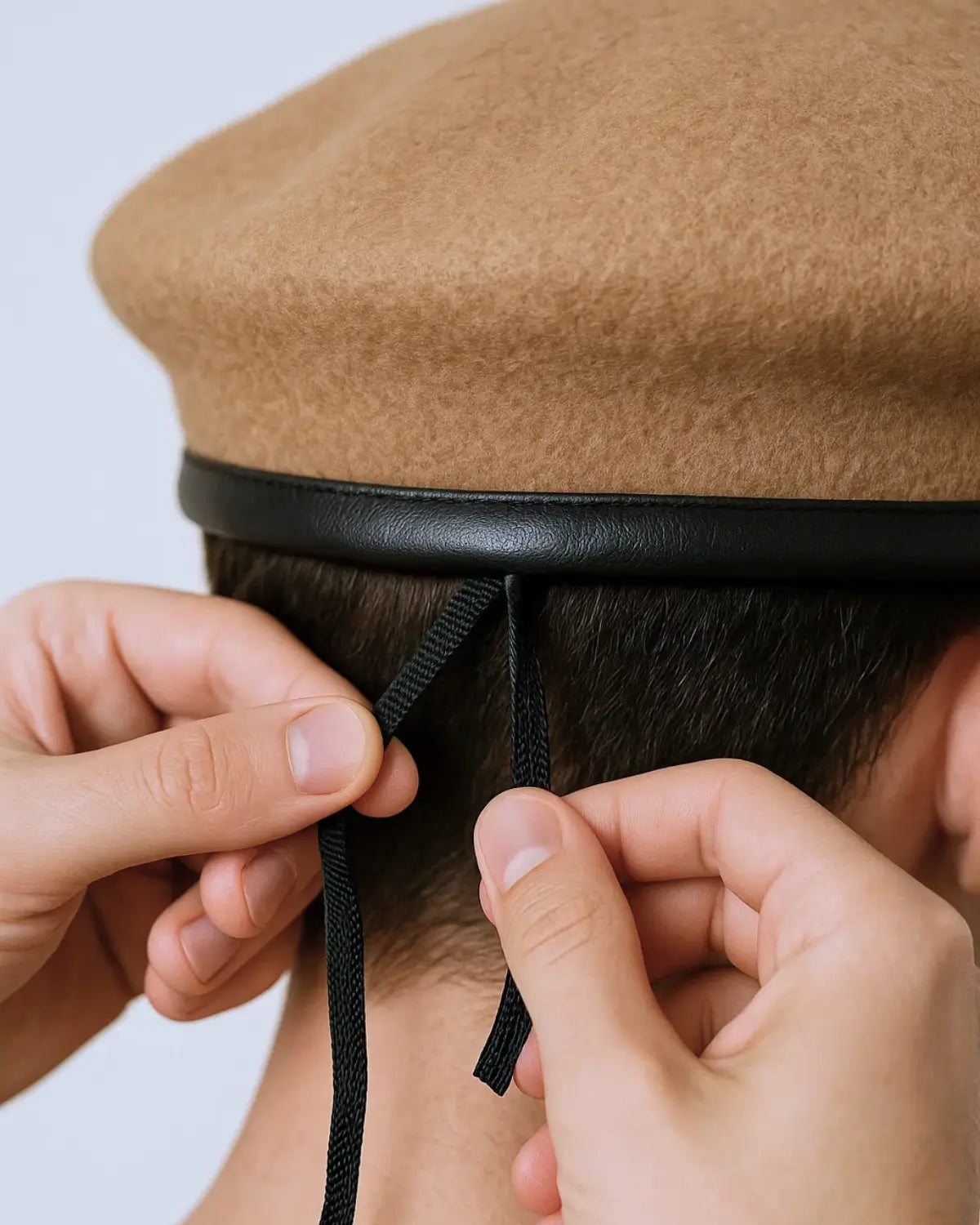 Mãos ajustando o laço de regulagem da Boina Masculina Francesa Lã Ajustável Brown na parte traseira da cabeça, foco no detalhe de ajuste personalizado.