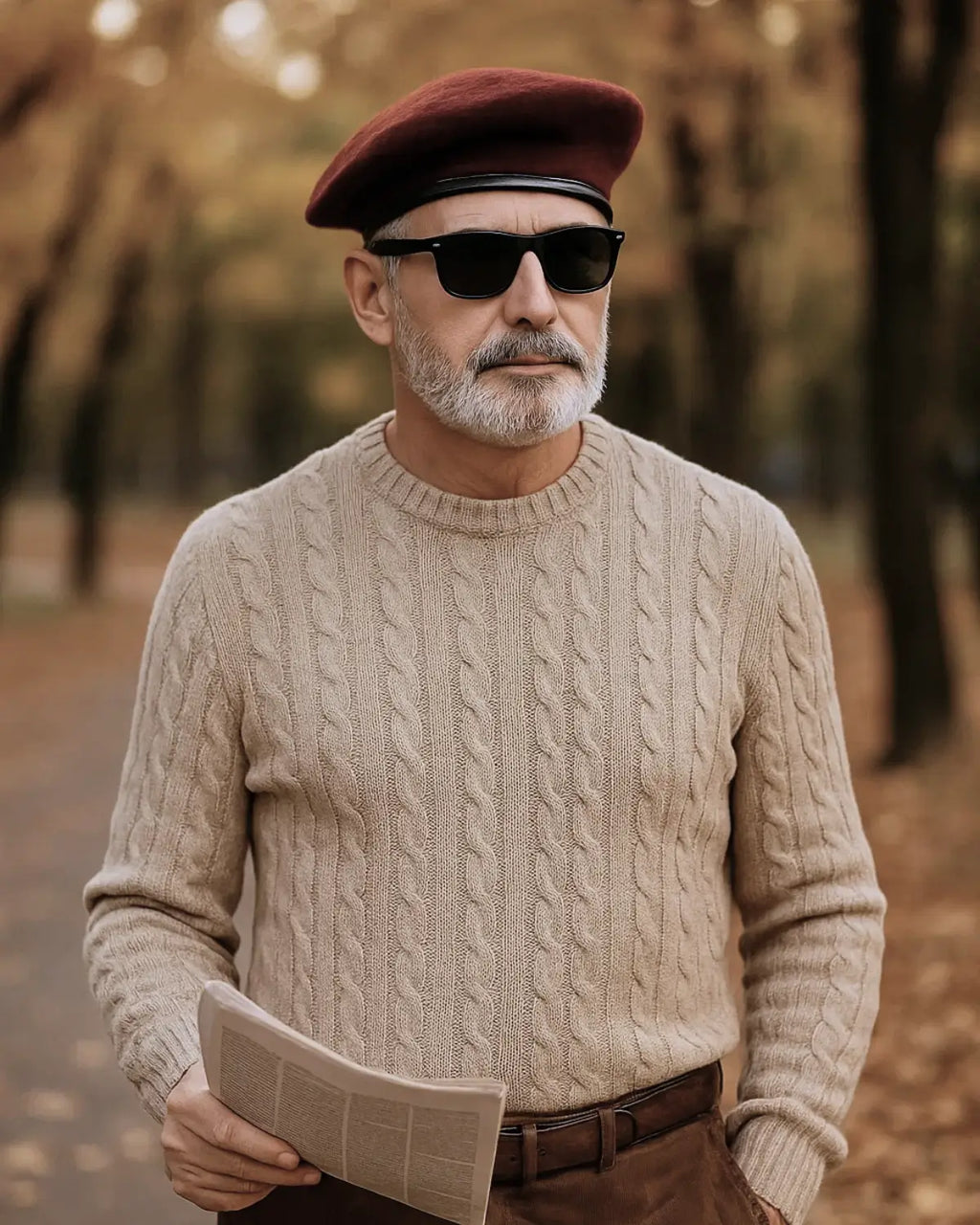 Homem elegante usando boina masculina francesa de lã ajustável vinho, suéter bege e óculos escuros em parque no outono.

