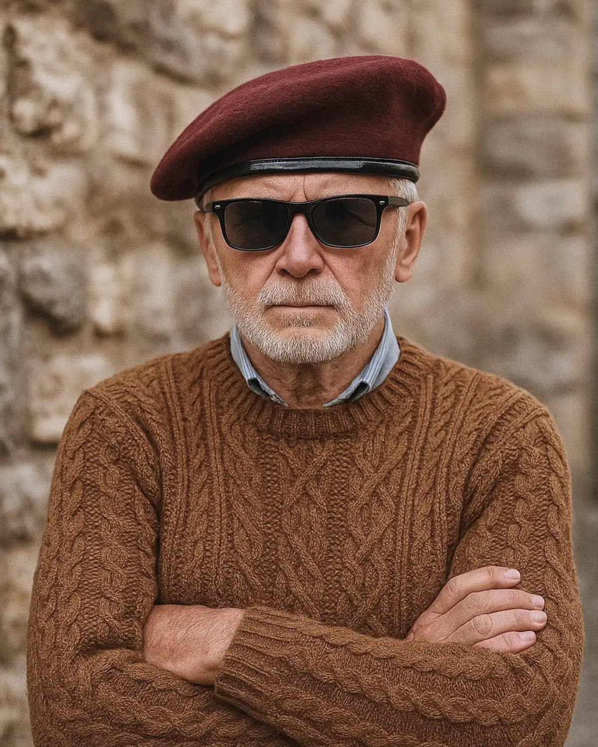 Homem maduro com boina masculina francesa de lã ajustável vinho e suéter marrom, postura confiante em cenário urbano.

