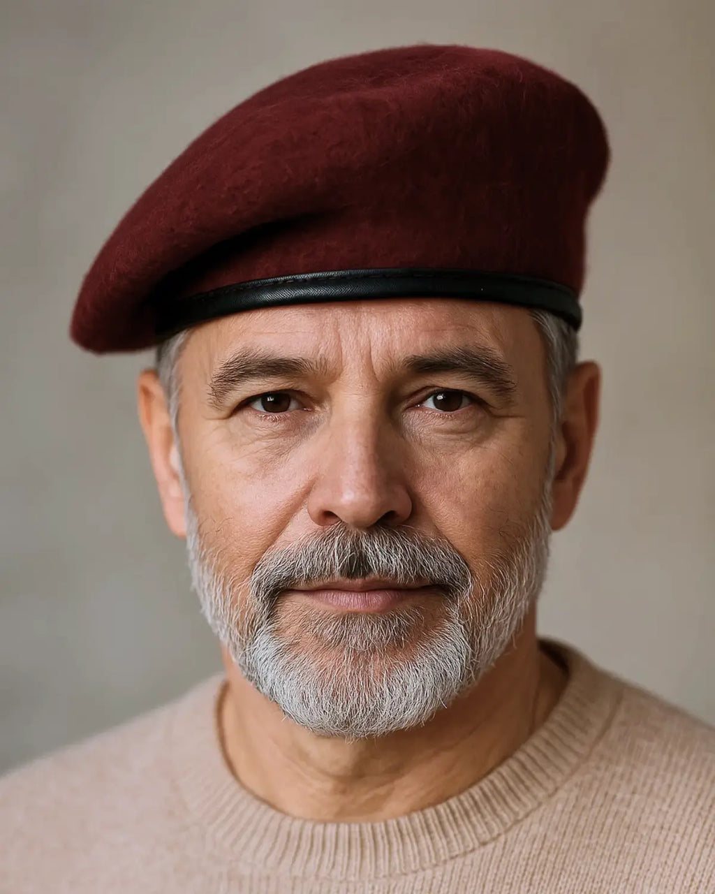 Close do rosto de homem usando boina masculina francesa de lã ajustável vinho, barba grisalha e expressão serena.

