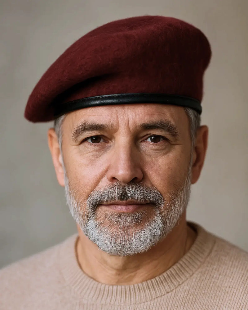 Close do rosto de homem usando boina masculina francesa de lã ajustável vinho, barba grisalha e expressão serena.

