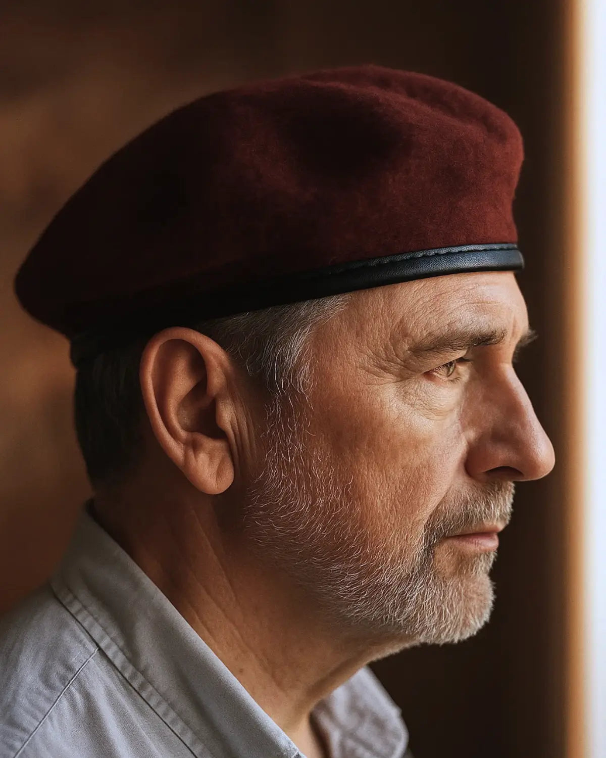 Perfil lateral de homem usando boina masculina francesa de lã ajustável vinho, destacando caimento perfeito e ajuste confortável.

