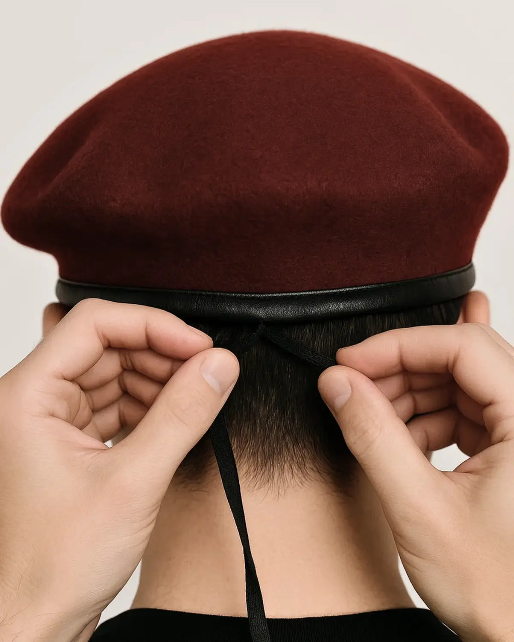 Detalhe do ajuste em fita da boina masculina francesa de lã ajustável vinho, demonstrando praticidade e adaptação ao tamanho da cabeça.

