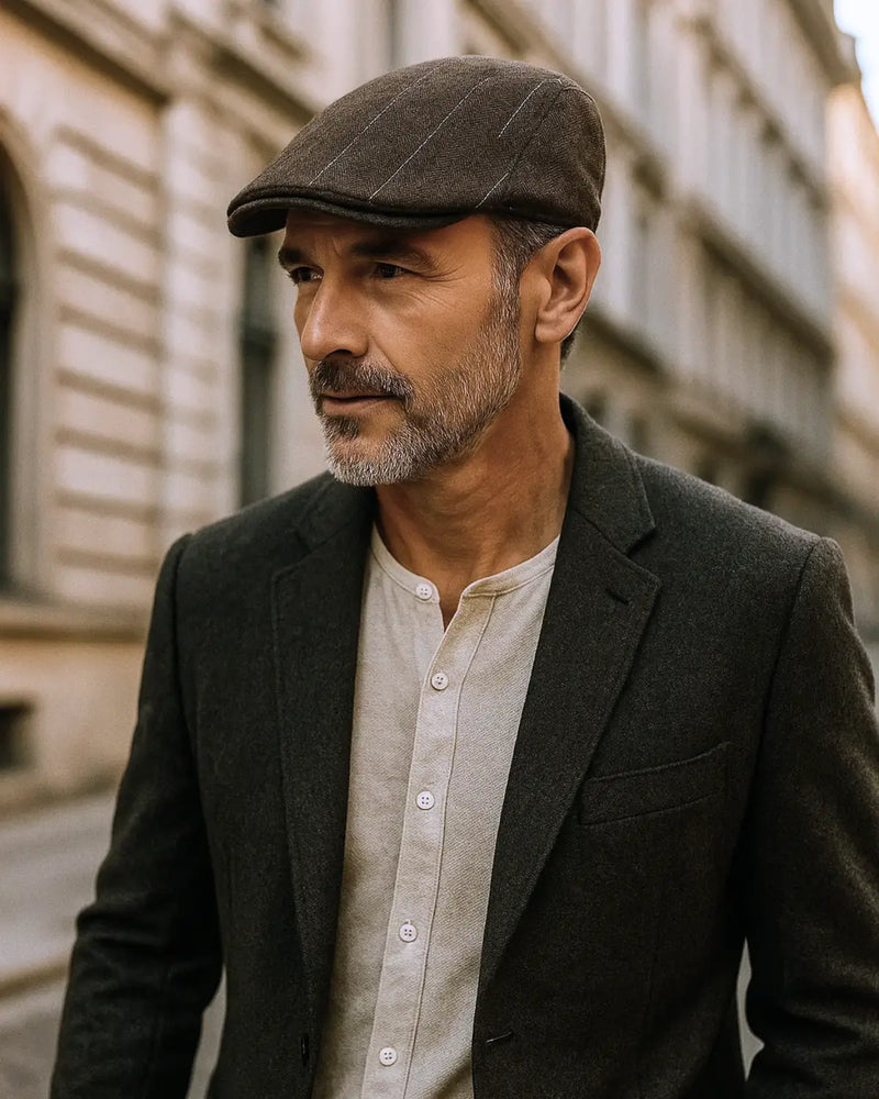 Homem elegante usando boina masculina inglesa de algodão marrom com blazer casual em rua de arquitetura clássica.