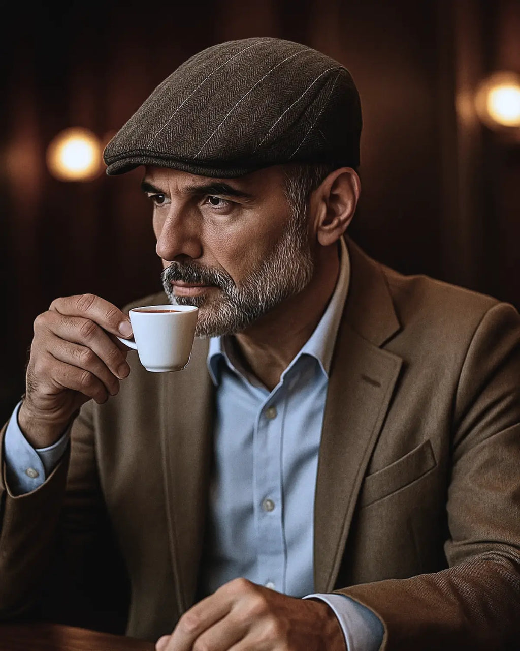 Close de homem com estilo clássico usando boina inglesa marrom de algodão e terno bege enquanto toma café.