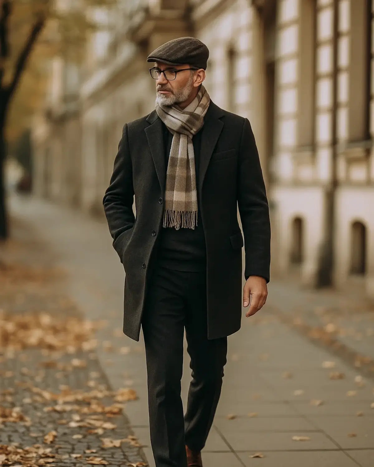 Homem maduro caminhando com boina masculina inglesa marrom, sobretudo e cachecol xadrez em rua arborizada no outono.